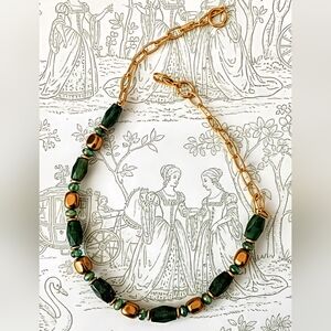 Large Genuine Green Jade Barrel, Picasso Bead, And Gold Nugget Bead Necklace